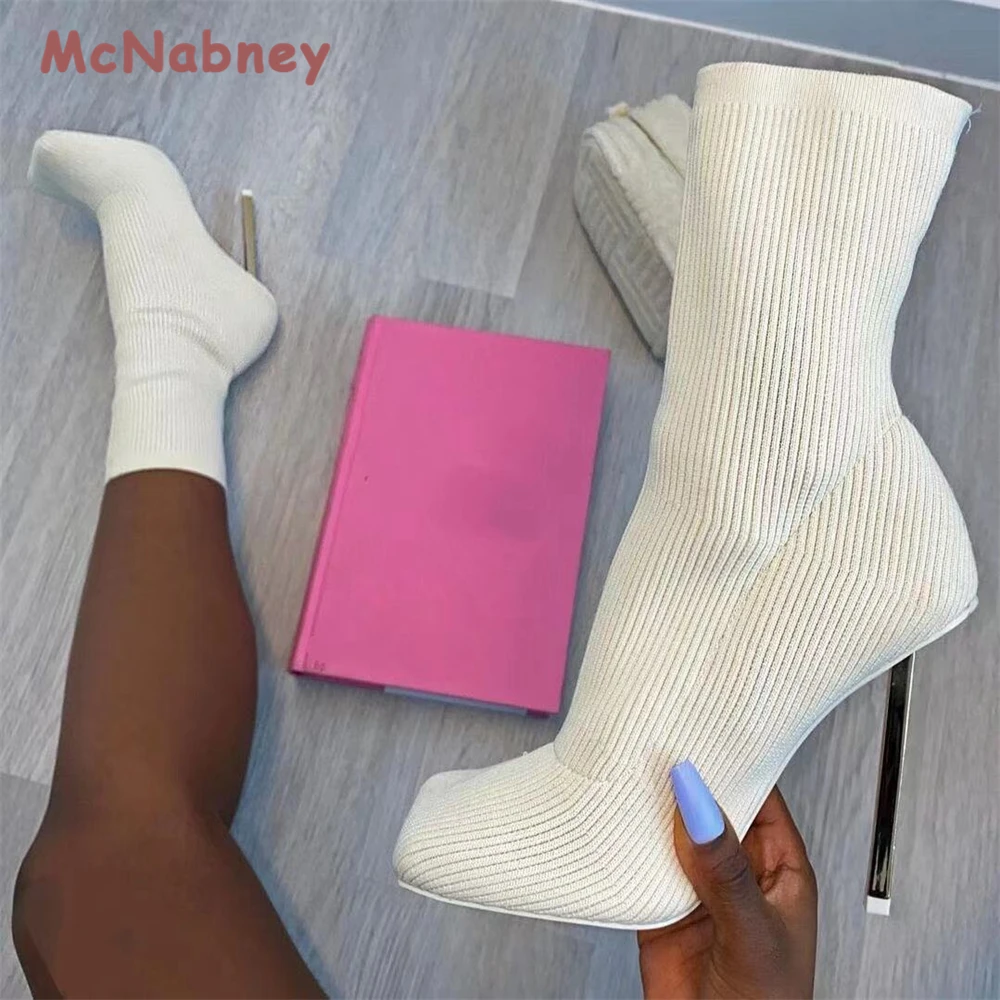 2023 Winter New Knitted Socks Boots Luxury Stiletto Pumps High Heels Sexy Short Boots Breathable Square Toe Slim Women's Boots
