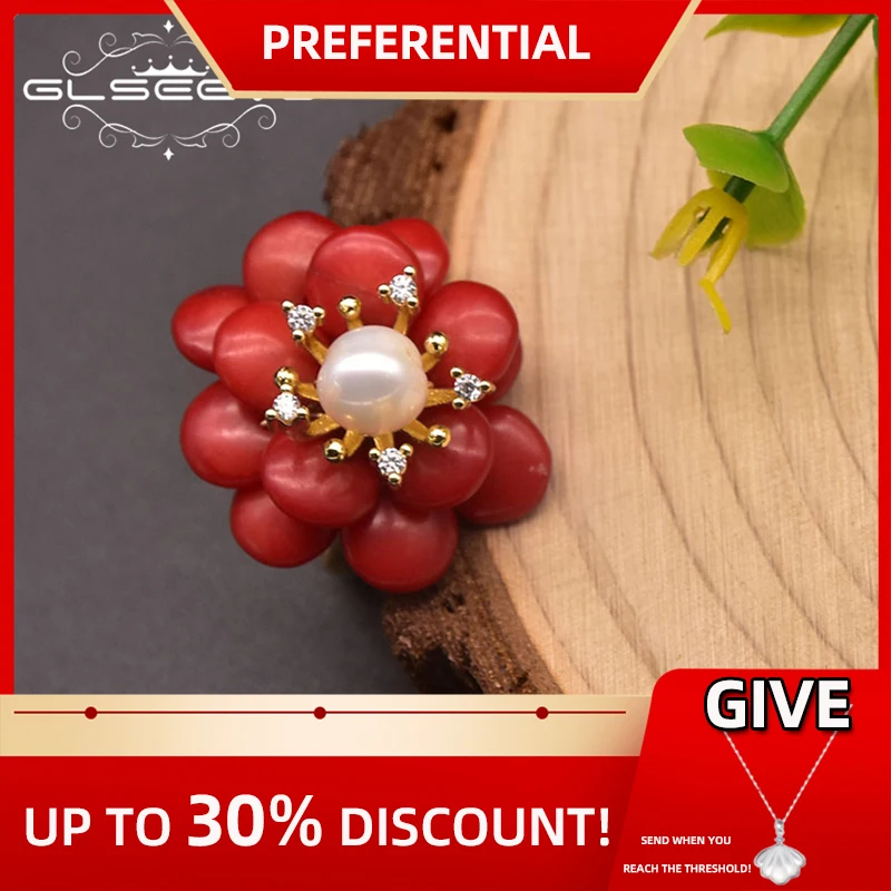 

GLSEEVO Natural Coral Flower Ring Adjustable Ladies Party Birthday Gift Handmade S925 Sterling Silver Fashion Jewelry GR0280