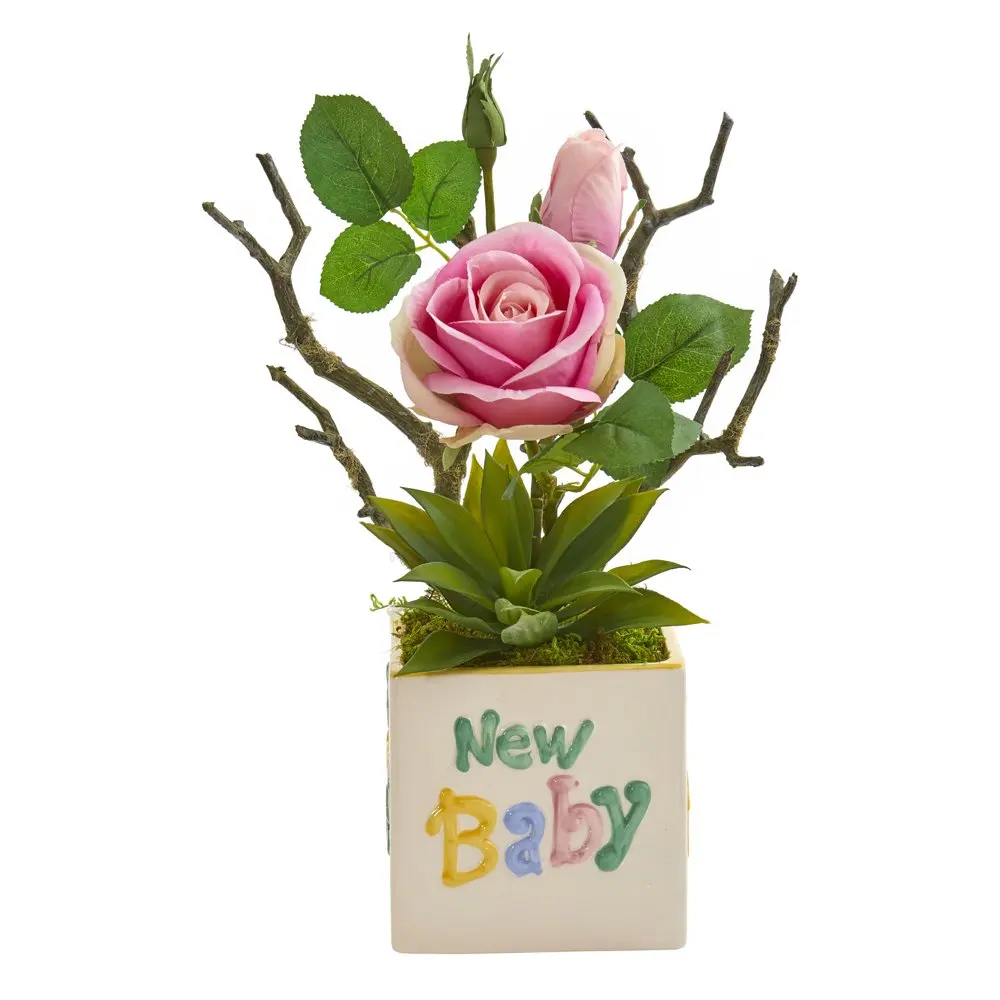 

15in. Rose and Agave Artificial Arrangement in Vase, Pink