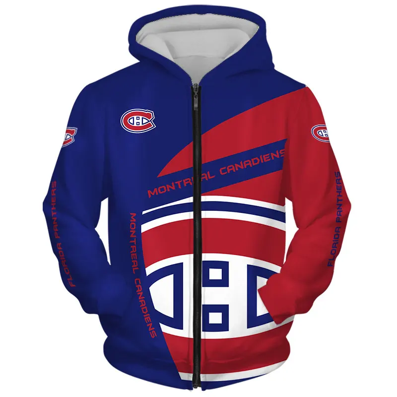 

2022 Montreal men's Fashion Long Sleeve 3D Canadiens Zip Hoodies Blue Red Stitching Fun Letter Printing Sweatshirt