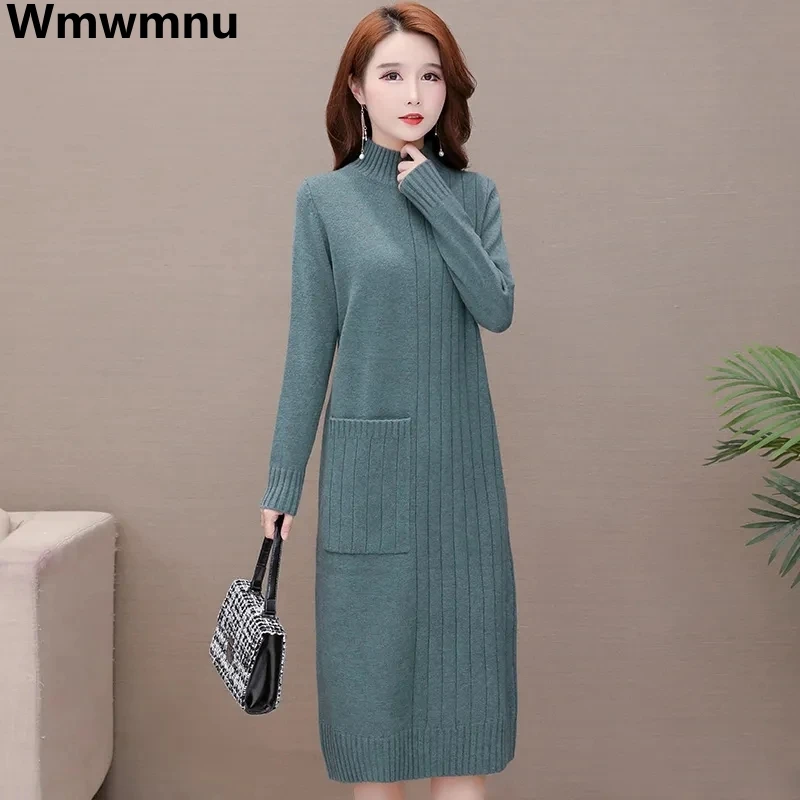 

Свободное вязаное платье с воротником-хомутом, плотное теплое трикотажное платье, платья, корейские платья-свитеры с бархатной подкладкой, осенне-зимнее платье-миди