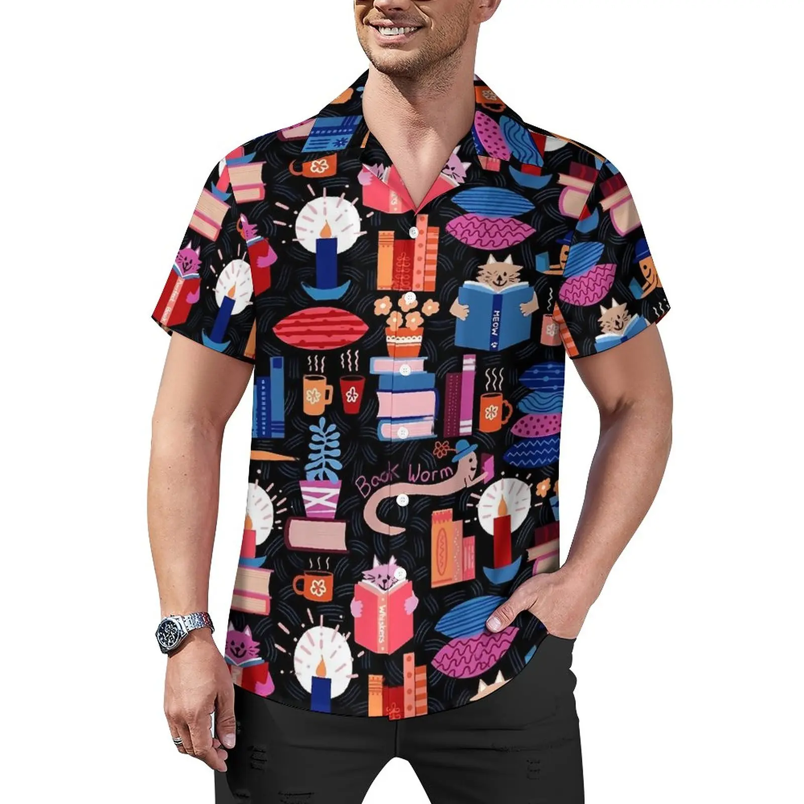 

Library Cats Casual Shirts Midnight Reading Beach Shirt Hawaiian Y2K Blouses Men Printed Plus Size