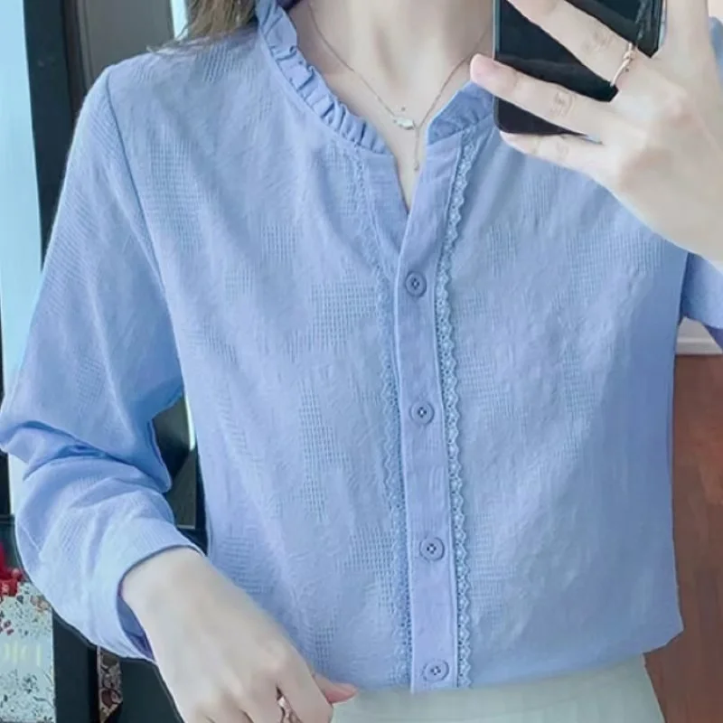 

Женская кружевная рубашка с длинным рукавом, голубая или белая Удобная блузка составного кроя из 100% хлопка на осень и зиму, 2023