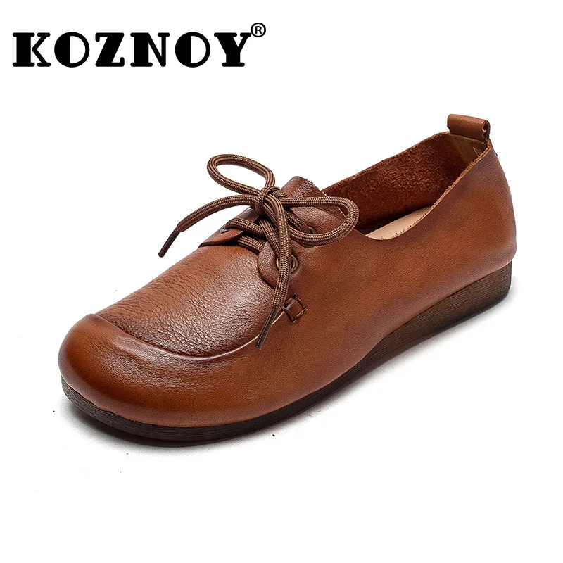 

Koznoy 2cm Oxfords Cow Genuine Leather Comfy Autumn Women Autumn Spring Moccassins Retro Round Toe Breathable Chunky Heels Shoes