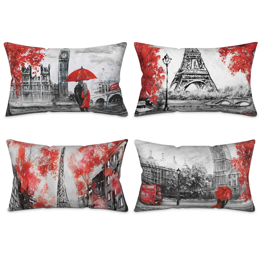 

30x50CM City Scenic Red Tree Pillows Case Decorative Cushion Cover Black Oil Paint Pillowcase Car Sofa Bed Throw Pillow Case