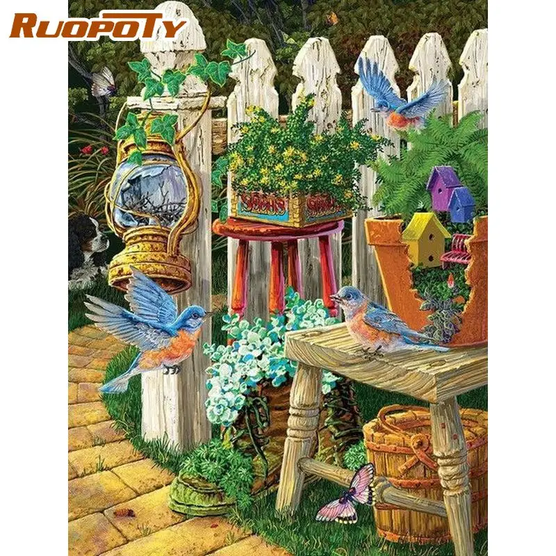 

RUOPOTY Oil Painting By Numbers Paint Kit On Canvas Flowers Garden Corner Number Painting Wall Art Picture On Number For Adults