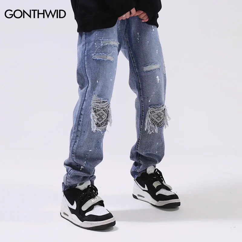 

Hip Hop Ripped Denim Jeans Streetwear Mens Paisley Bandana Patchwork Distressed Hole Baggy Straight Jean Pant Destroyed Trousers