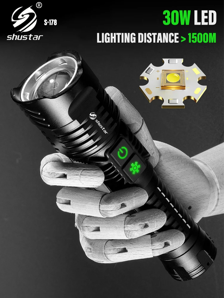 High Power LED Flashlight Super Bright Torch with 30W LED Wick Lighting 1500 m with RGB Side Lights Waterproof Portable Light