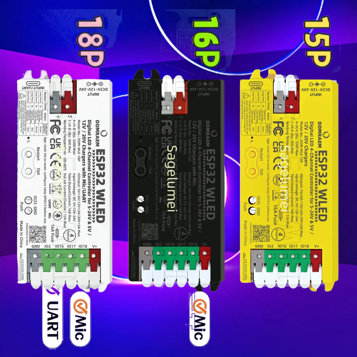 Фото Цифровой светодиодный контроллер с двумя блоками питания ESP32 WLED DOM-WLE-15P/16P/18P PD 5 В/12 В/20 В с 4-канальными выходами для пиксельных светодиодов WS2811/12B APA102 №1