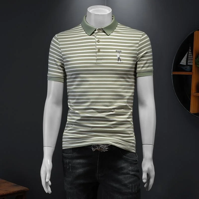 

Рубашка-поло мужская в полоску, модная сорочка с коротким рукавом, с воротником с лацканами, Повседневная Деловая одежда, уличная одежда, ле...