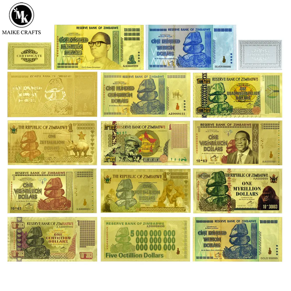 

10pcs Zimbabwe Banknotes 100 Quintrillion/5 Octillion/100 Decillion Dollar Gold Foil Banknote Replica Paper Money Business Gift