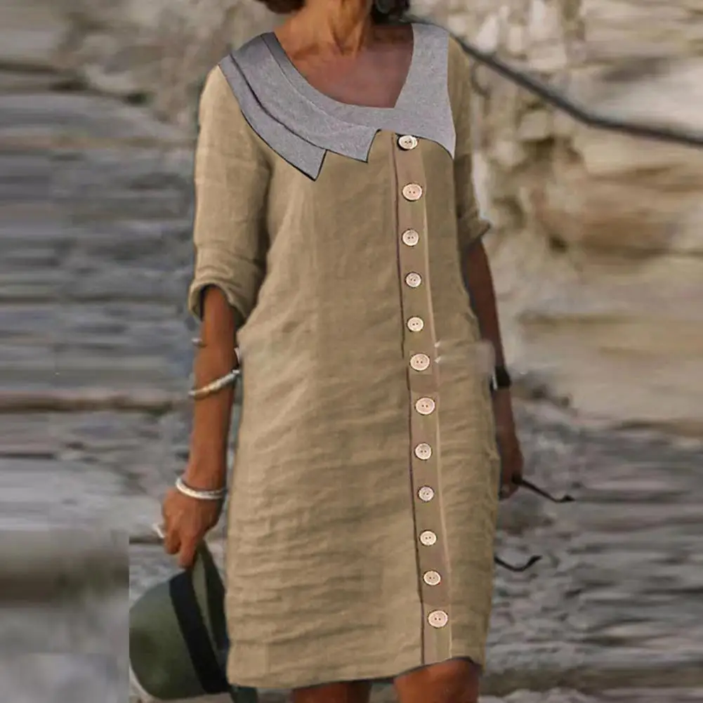 

Женское однобортное платье в стиле пэчворк, летнее платье свободного кроя с отложным воротником и рукавом до локтя