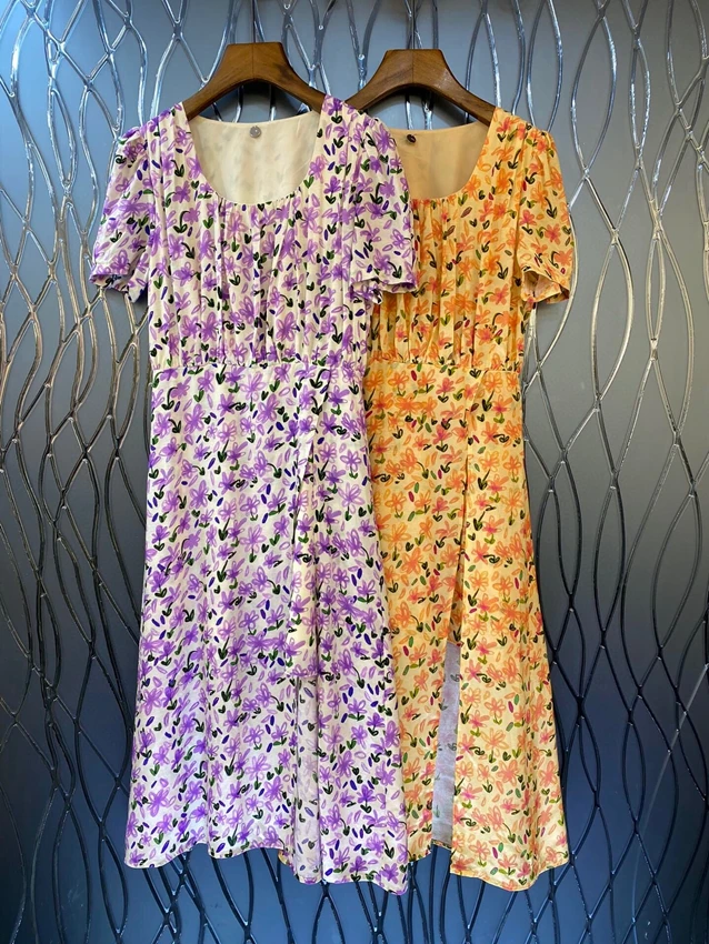 2023 new women's fashion short-sleeved square neck slim-fit print floral split dress 0503