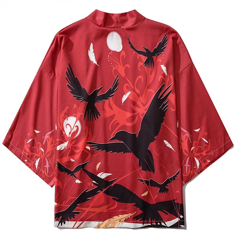 

Japanese Crow Print Kimonos Streerwear Yukata Women Haori Harajuku Kimono Robe Cardigan Men Red Asian Clothes