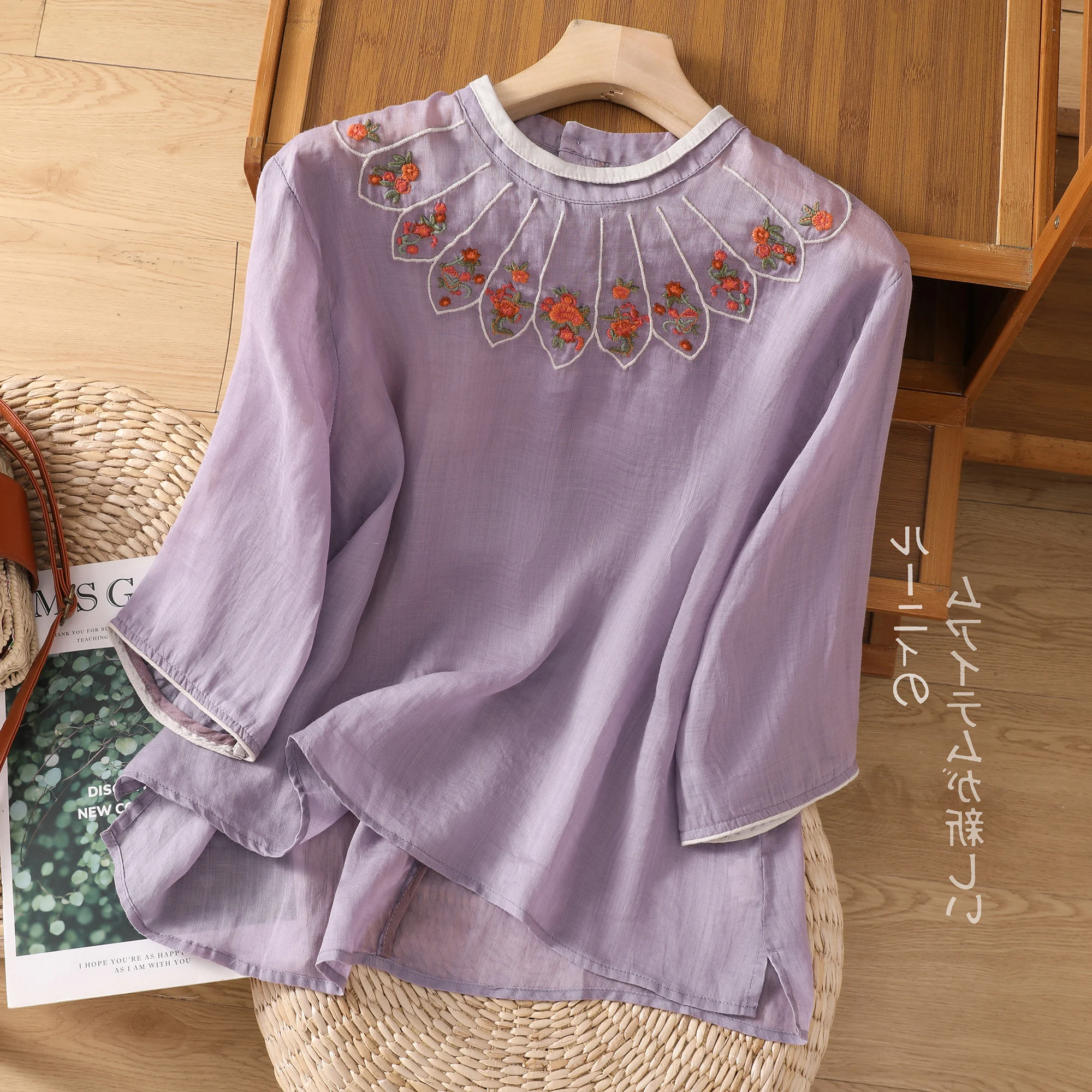 

Limiguyue летняя Этническая вышивка женская блузка из хлопка и льна с круглым вырезом и рукавом до локтя Повседневная футболка Мягкая дышащая одежда U717