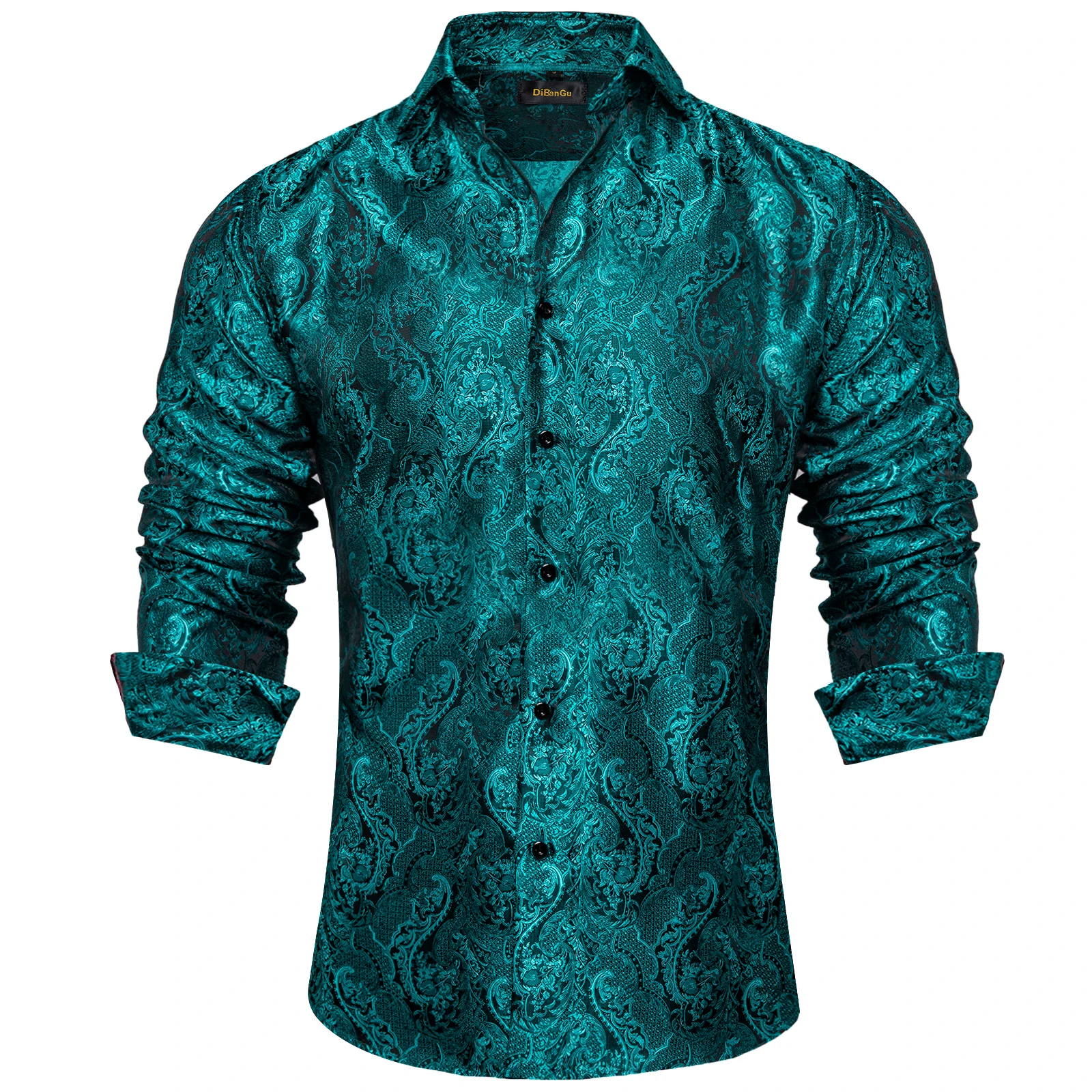 

Long Sleeve Silk Shirts for Men Clothing Teal Blue Paisley Casual Tuxedo Prom Dress Shirt Chemise Homme