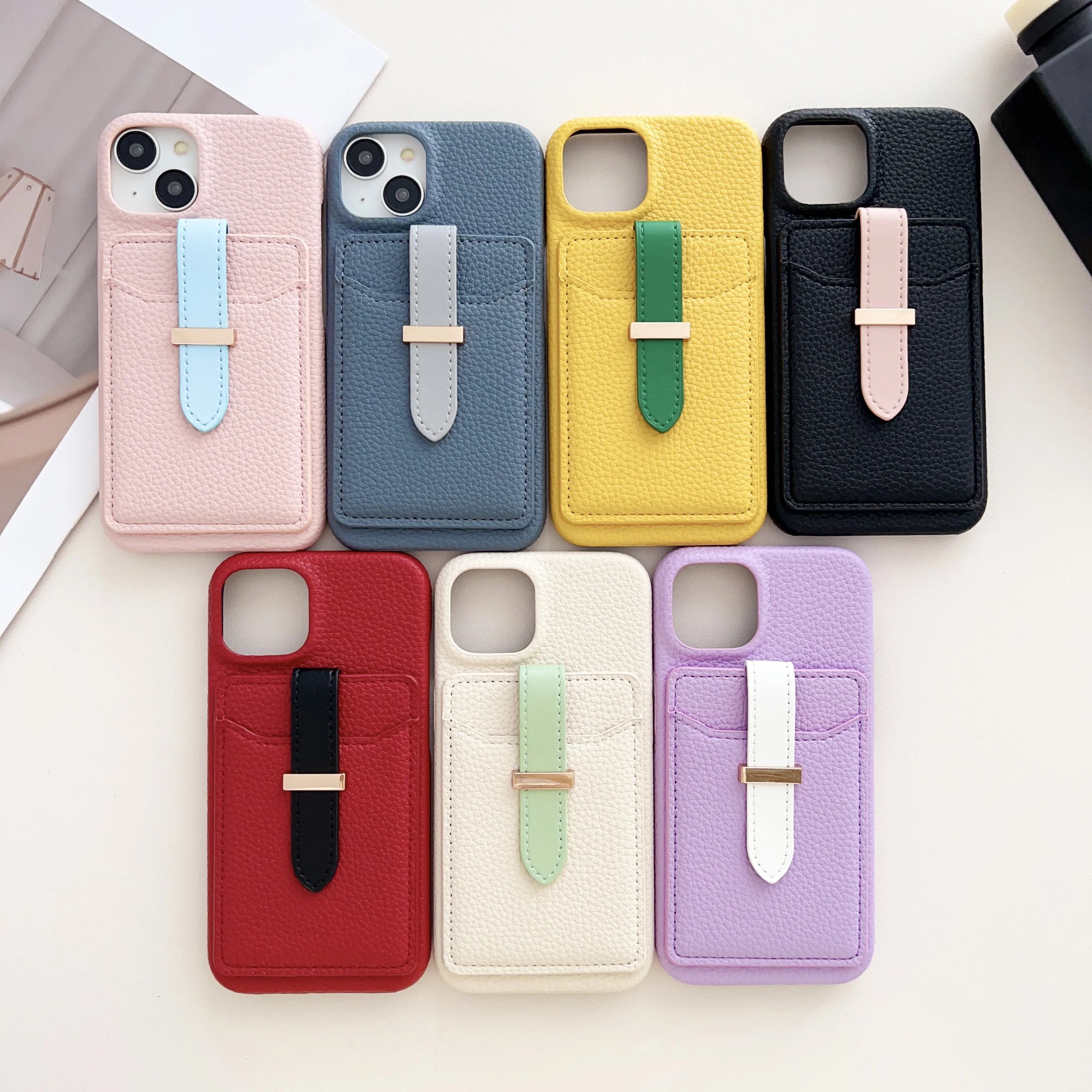 Противоударный кожаный чехол-кошелек Litchi с отделением для карт iPhone 16 Pro Max 15 14 13 12