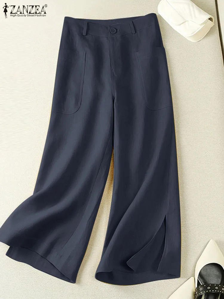 

ZANZEA Summer Vintage Trousers Women High Waist Solid Long Pants Casual Work OL Pantalon 2023 Female Elegant Split Hem Palazzo
