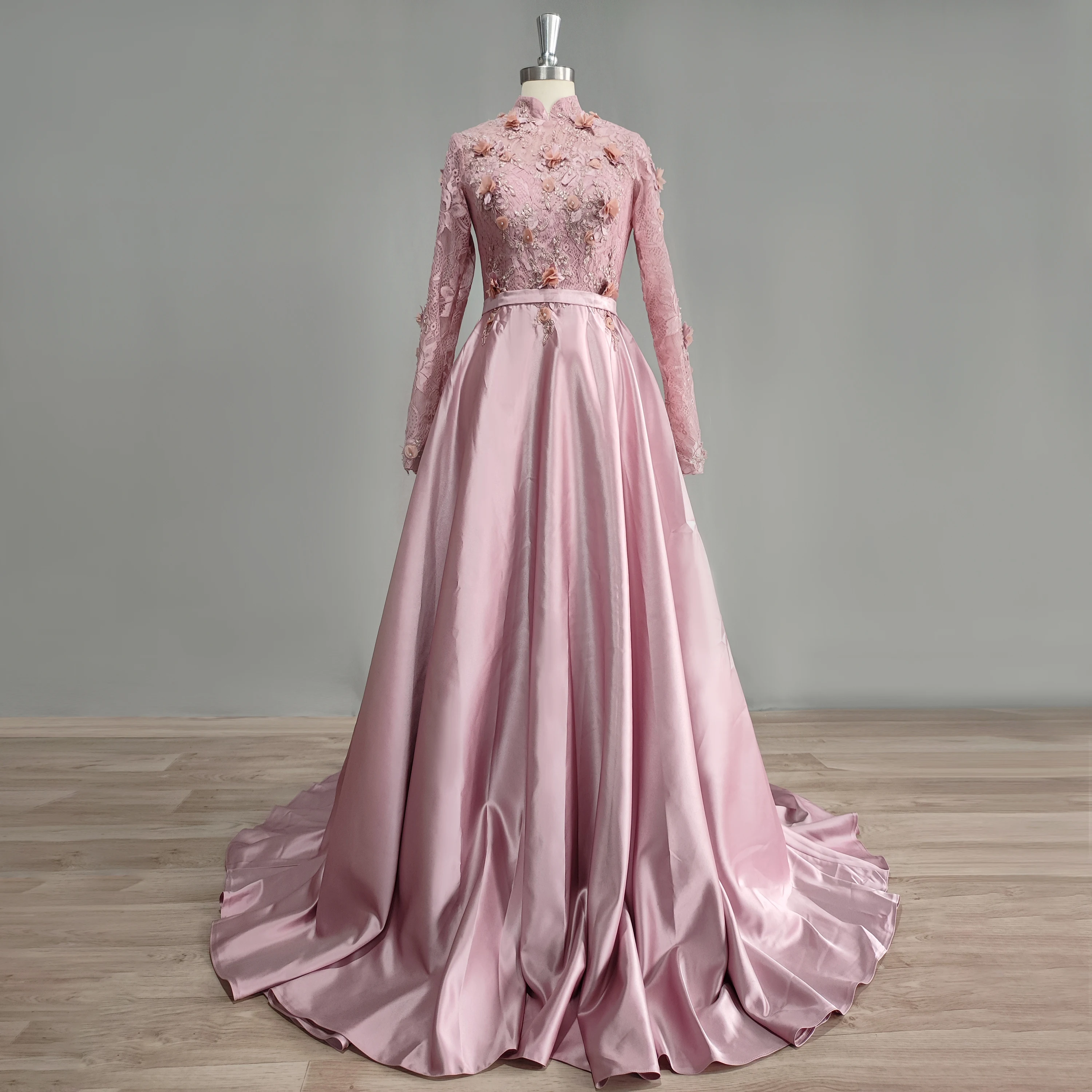 DIDEYTTAWL Real Photos Dusty Rose Long Sleeve Evening Dress Lace Flowers High Neck A Line Satin Prom Gown Saudi Arabia