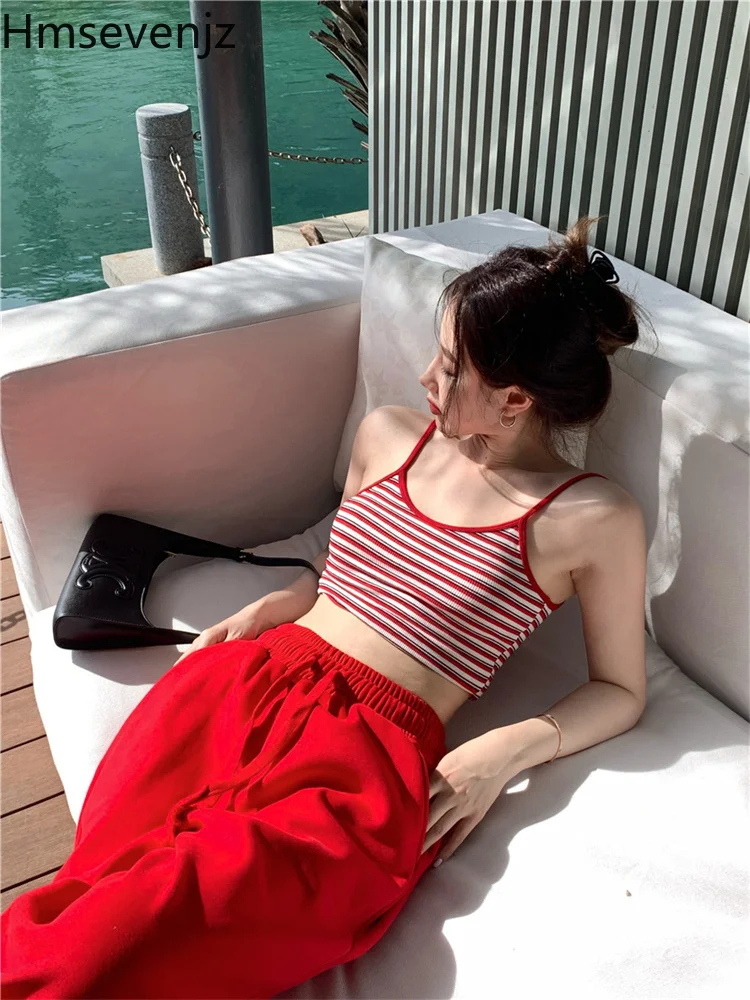 

Комплект винтажных брюк Hmsevenjz, женская одежда для девушек, полосатая кофта, летняя шикарная женская кофта + красные длинные брюки, костюм из 2...