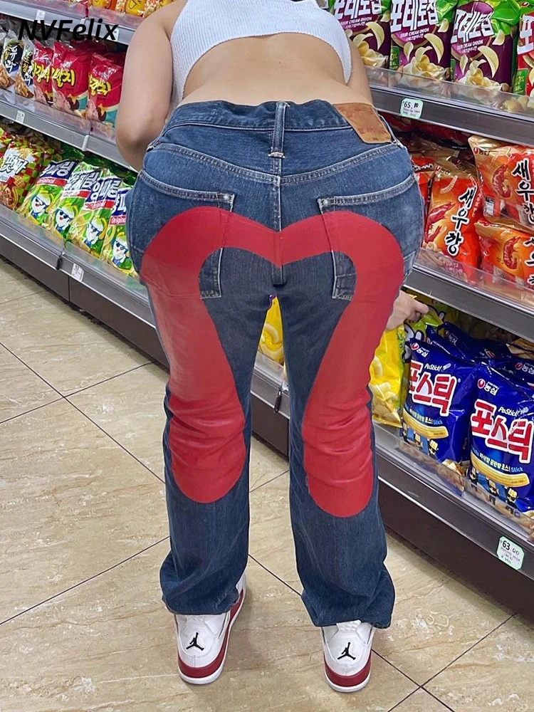 

Женские мешковатые джинсы с высокой талией и принтом, прямые широкие брюки, пикантные джинсовые брюки с эффектом подтяжки бедер, модная уличная одежда в готическом стиле