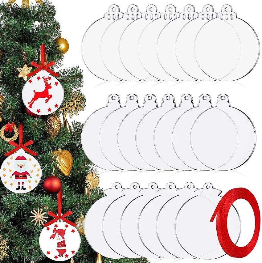 

30pcs Christmas Balls Acrylic DIY Blank Ball Christmas Tree Hanging Ornaments Xmas Tree Pendents with Red Ribbon DIY Crafts