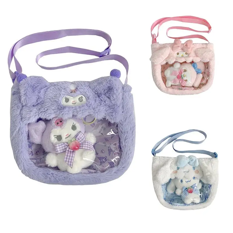 

Kawaii Kuromi My Melody Cinnamoroll Anime Cartoon Cute Plush Portable Messenger Shoulder Bag Transparent Pendant Backpack Gift