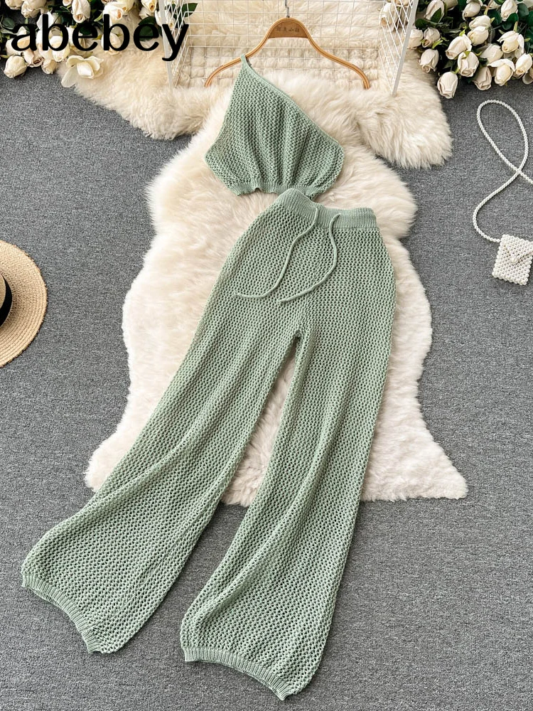 

Women Summer Design Knitted Set Sexy Backless One Shoulder Short Tops+Chic Hollow Knitted Wide Leg Long Pants Two Piece Suit