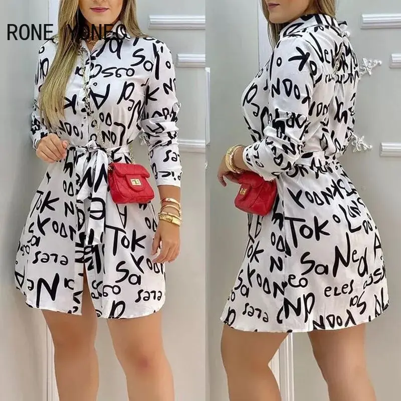 

Office Lady Shirts Dress Dress Elegant Party Dress New Femal Ladies Sexy Letter Print Women Long Sleeve V Neck Loose Blouse