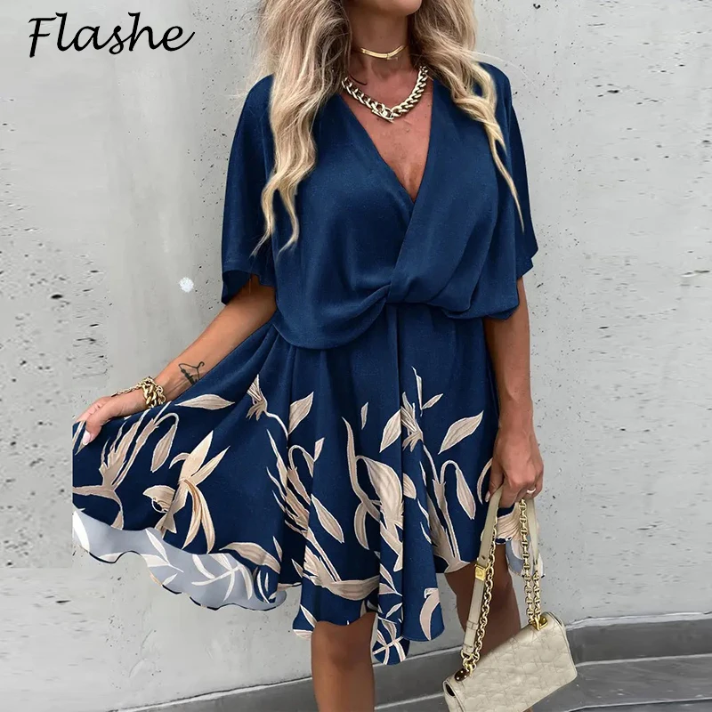 

Elegant V Neck Mini Dress Women Short Sleeve Ruffle Casual Party Dresses For Women Fashion Summer Loose Vintage Print Dress