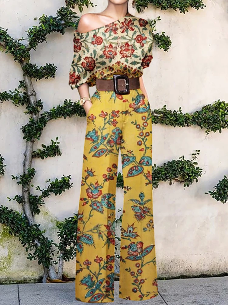 Office Jumpsuits Summer Elegant Romper vintage Printed Women Fashion Wide Leg Pants Overalls Business Sexy Off Shoulder Playsuit