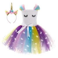 girls unicorn dresses christmas kids led lights sequin pastel rainbow birthday party tutu dresses shiny princess cosplay costume