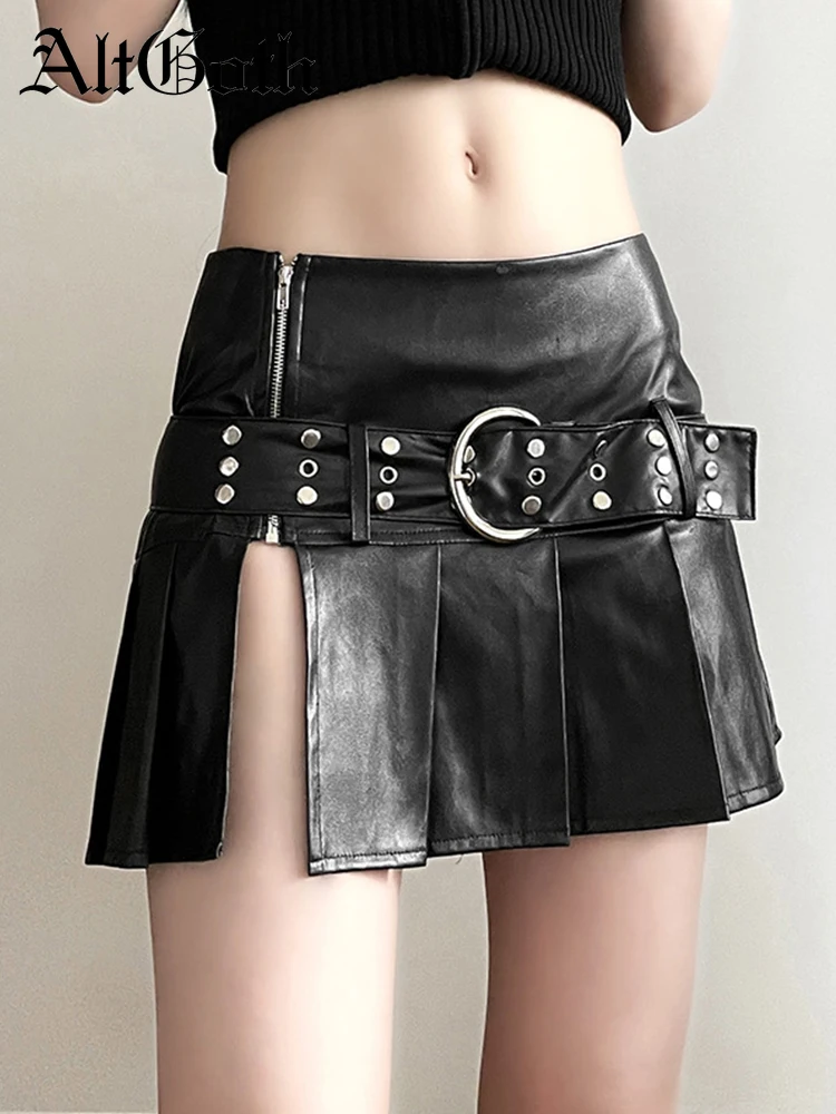 

AltGoth Emo Alt Sexy Pu Skirt Women Streetwear Dark Gothic Cyber Punk High Waist Belt Split Pleated Skirt Coquette Y2k Clubwear
