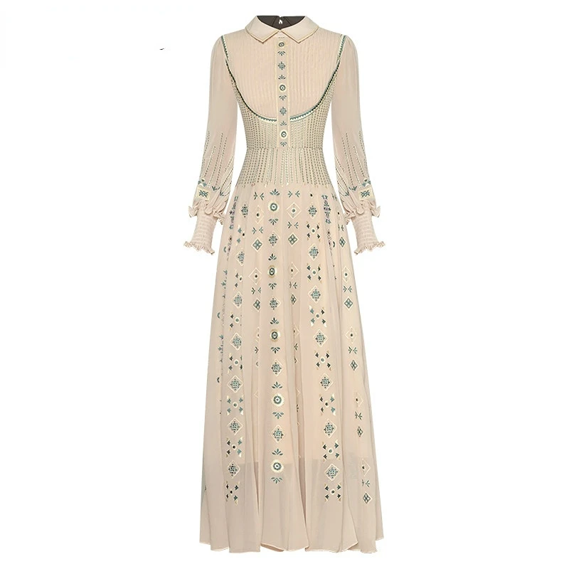 Dresses For Women 2023 Runway Luxury Brand Elegant Evening Spring Turn-down Collar Lantern Long Sleeve Flower Embroidery Dress