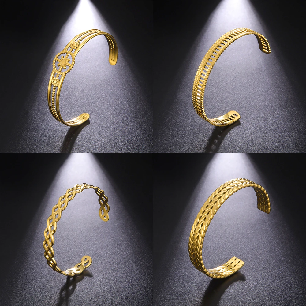 

Geometry Hollow Twist Braided Wave Diamond Open Bracelet for Women Men Gold Color Stainless Steel Bangles Jewelry Gift