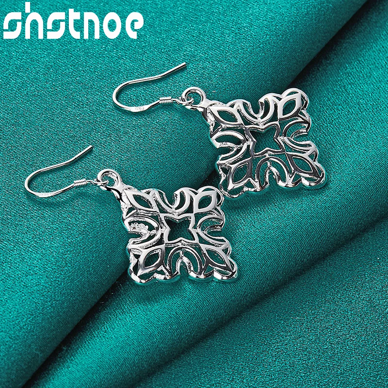 

925 Sterling Silver Retro Square Carving Pattern Drop Earrings For Women Party Birthday Engagement Wedding Fashion Charm Jewelry