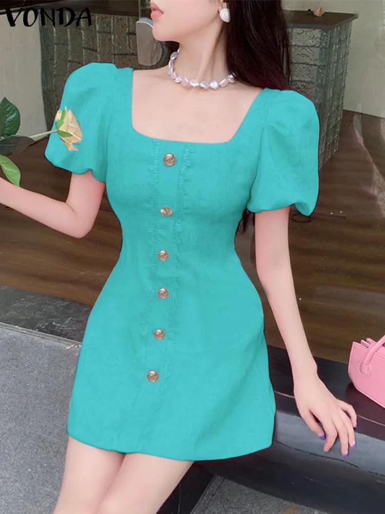 

Мини-платье женское летнее с квадратным вырезом и коротким рукавом