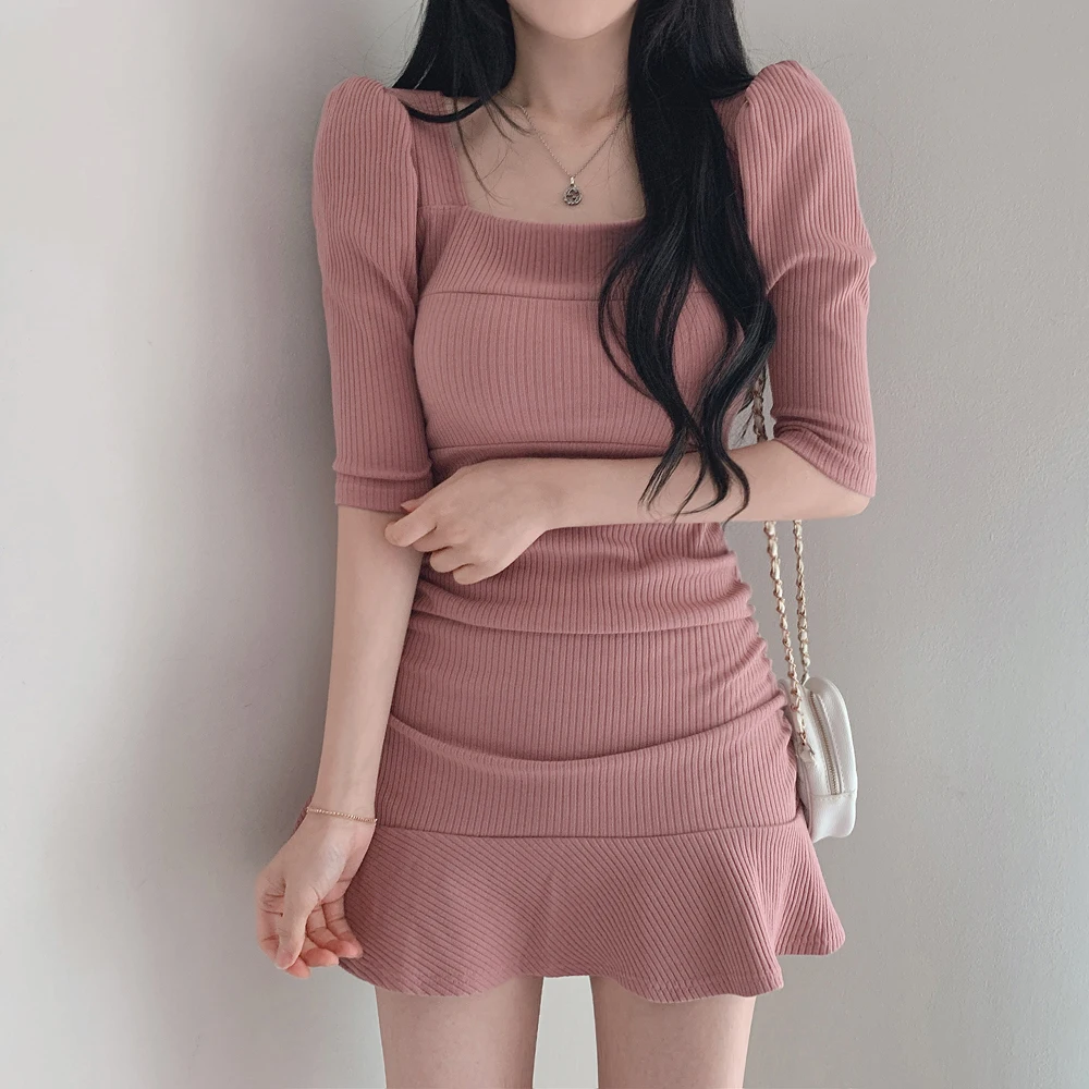 

Платье женское короткое с квадратным вырезом, шикарное приталенное платье до ключиц с пышными рукавами, в южнокорейском стиле, лето 2022