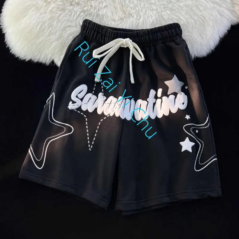 American New Bubble Print Stars Casual Summer Lovers Loose Basketball Wide-Leg Pants for Men and Women Summer Cargo Y2K Shorts