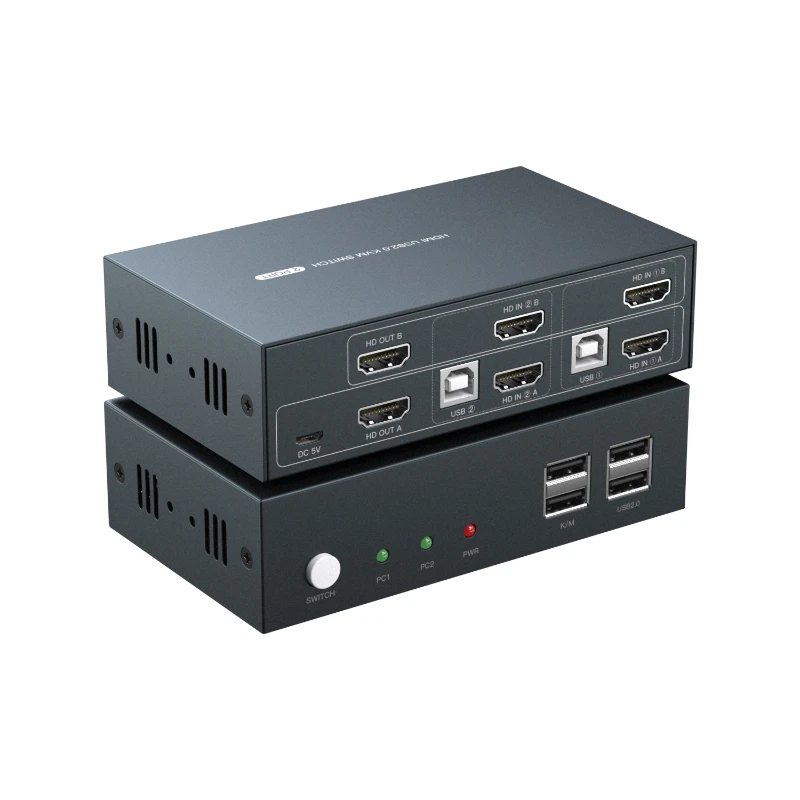 

2 Port Dual Monitor KVM Switch HDM I 4K30Hz Support front panel buttons, keyboard hot keys to control KVM switch