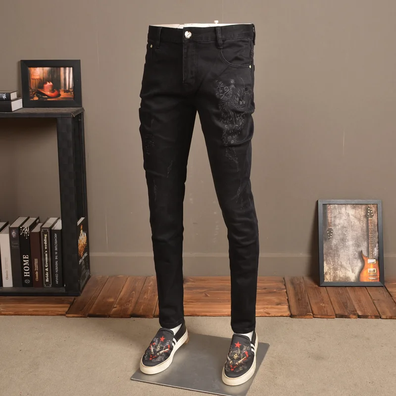 

Peacock Embroidery Jeans Distressed Black Denim Men Fashion Stretch Straight Slim Fit Pants