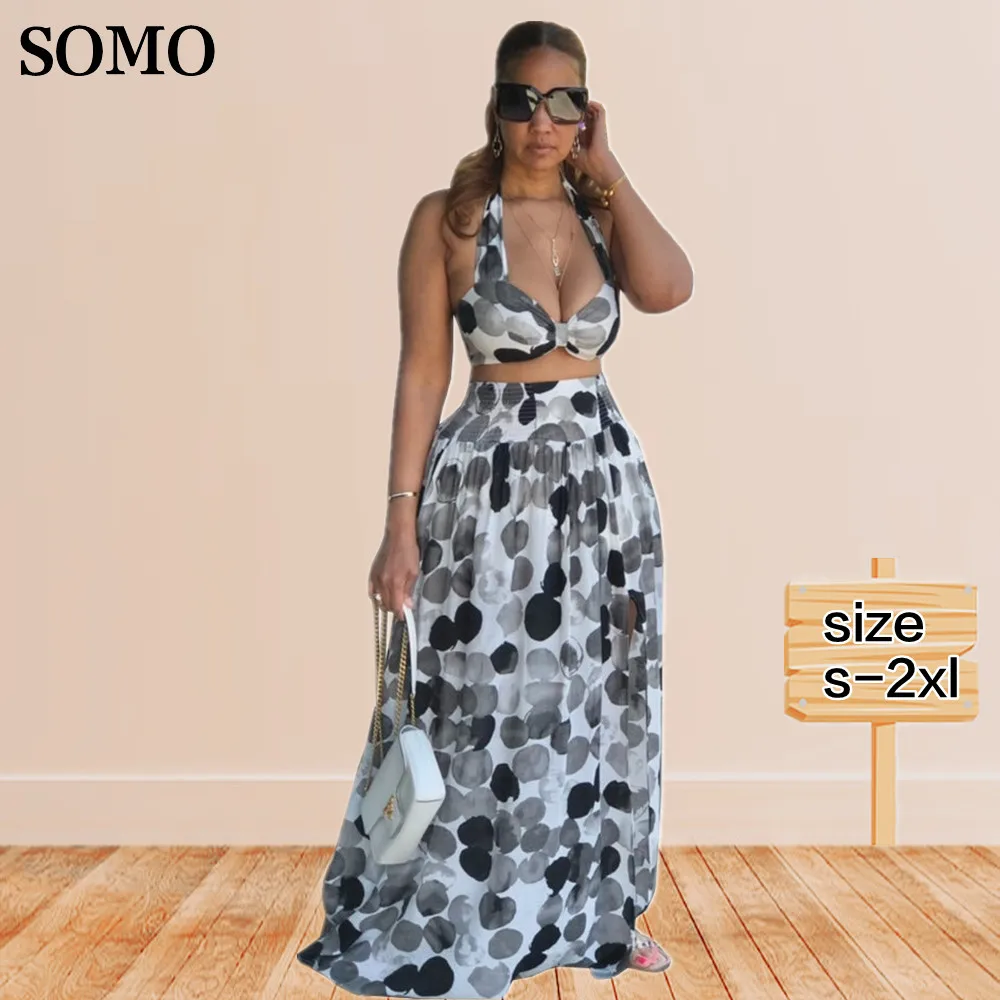 

Summer Fashion Outfits Polka Dot Print Sexy Lace Up Top Maxi Long Skirts Two Piece Sets Beachwear 2022 Wholesale Dropshipping