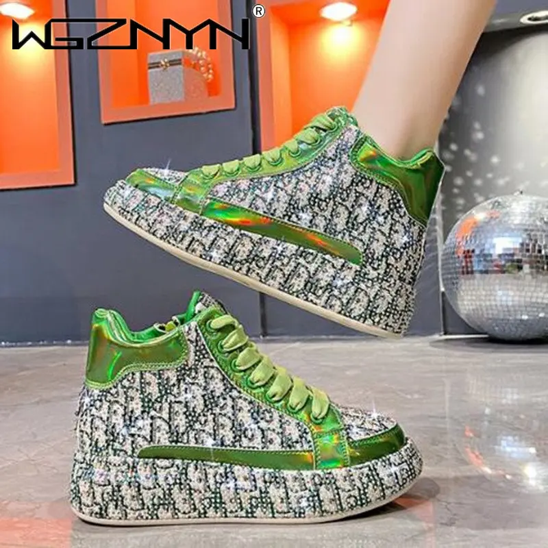 

New Spring Women Sneakers Fashion Rhinestones Thick Sole Sports Shoes for Youth School Shoes Crystal Silver Platform Sneakers