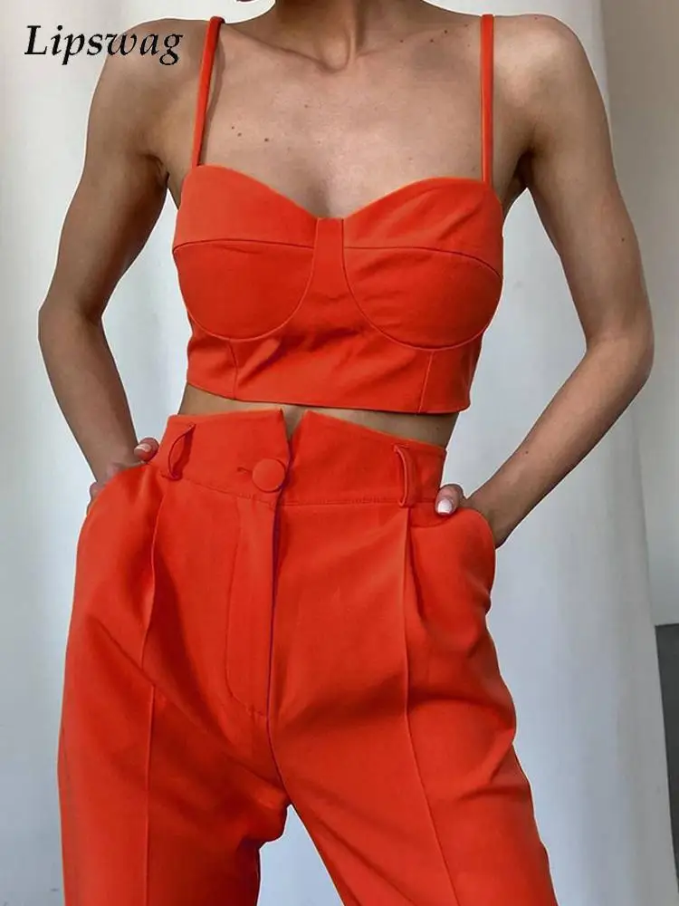 

Women Solid Pocket Trousers 2 Piece Set Office Casual Crop Tops Camisole+Solid High Waist Pants Suit Ladies Sexy Button Outfits