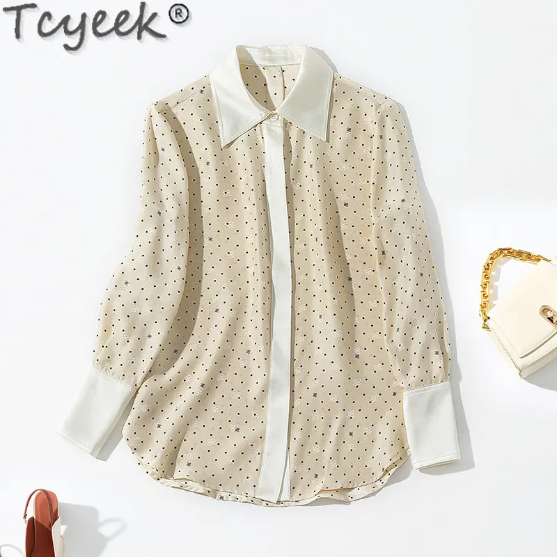 

Tcyeek Elegant Shirts for Women Fashion Dot Print Blouse Spring Summer 100% Mulberry Silk Shirt Long Sleeve Top Woman Clothes LM