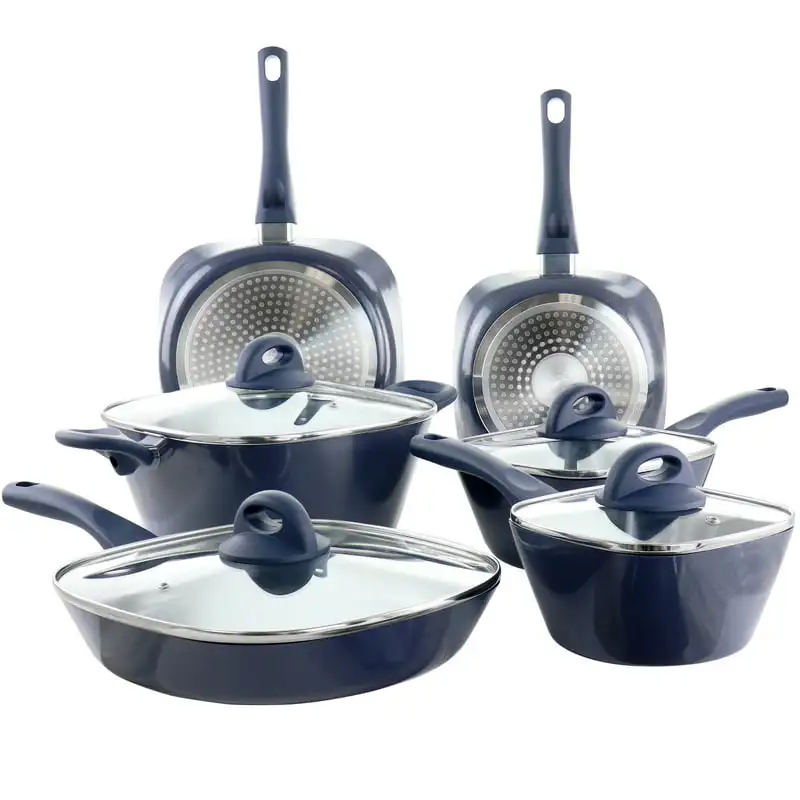 

10-Piece Aluminum SquareDiamond-Infused Ceramic Nonstick Induction Cookware Set, Blue