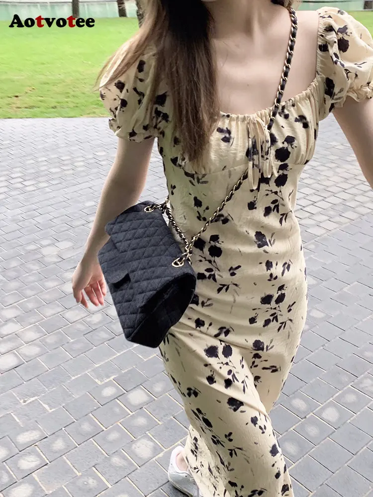 

CHUU Korea Aotvotee Floral Dress for Women 2023 New Fashion Fairycore Puff Sleeve Summer Dress Vintage Square Collar Lace-up Y2k