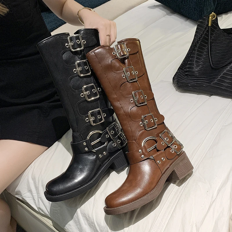 

Platform Combat Boots Zip Chuny Heel Buckle Vintage Fashion Casual Luxury Designer Western Mid Calf Boots Shoes Woman