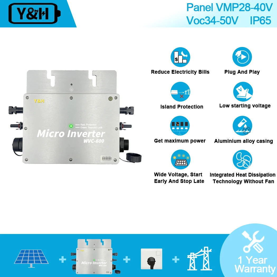 

600W WVC Series Waterproof Grade IP65 Micro Grid-Connected MPPT Inverter DC28-50V 120V 230V Auto Solar Grid Tie Converter