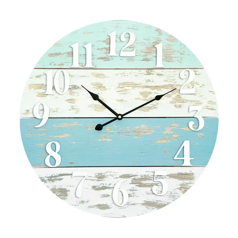 

Farmhouse Coastal Blue Wood Round Wall Clock Clocks wall home decor Battery powered clock Reloj led Alarm clock Adornos para sal